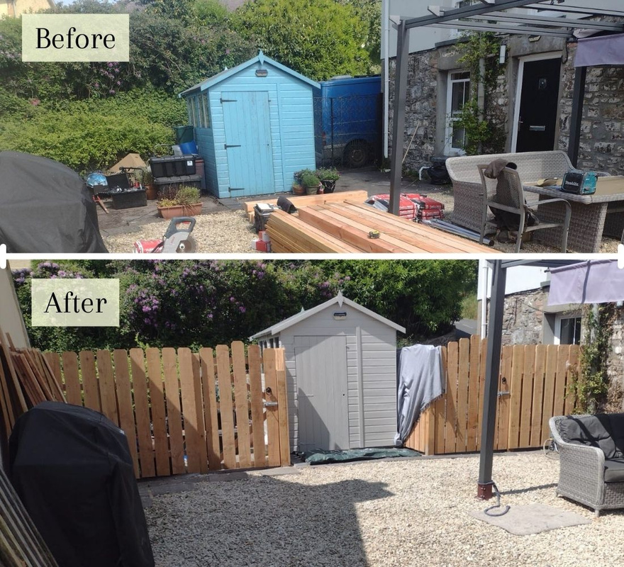 a before and after of a garden with fencing]