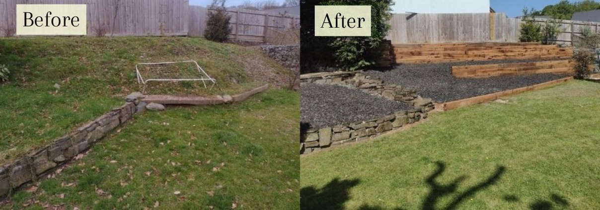 before and after of a garden with retaining walls