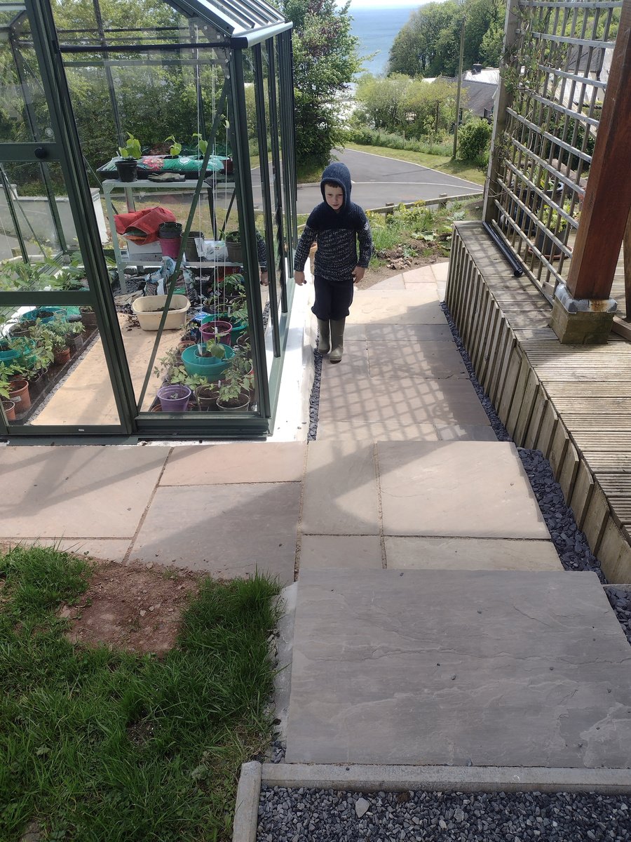 a boy standing next to a greenhouse