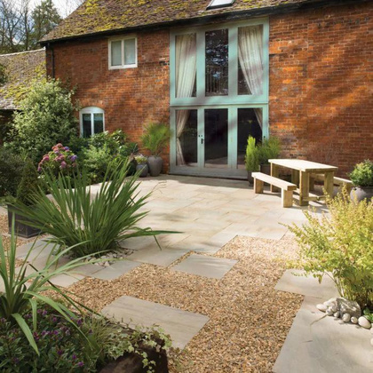 A house with a patio in front